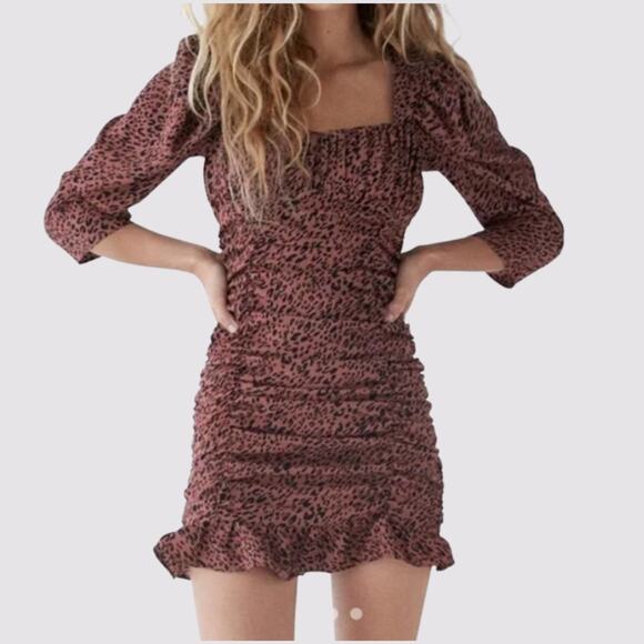 2/30 ZARA Leopard Print Ruched Mini Dress – Burgundy, Size L - Picture 1 of 7